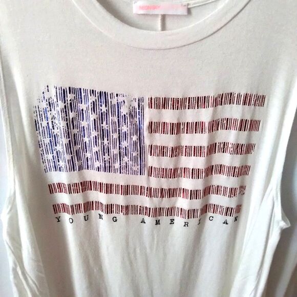 ⭐ Neon Sky Distressed Graphic Print Patriotic Rlaxd Slvelss Rayon T Shirt Top Lg - Picture 3 of 5